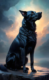 a dog sitting on a rock