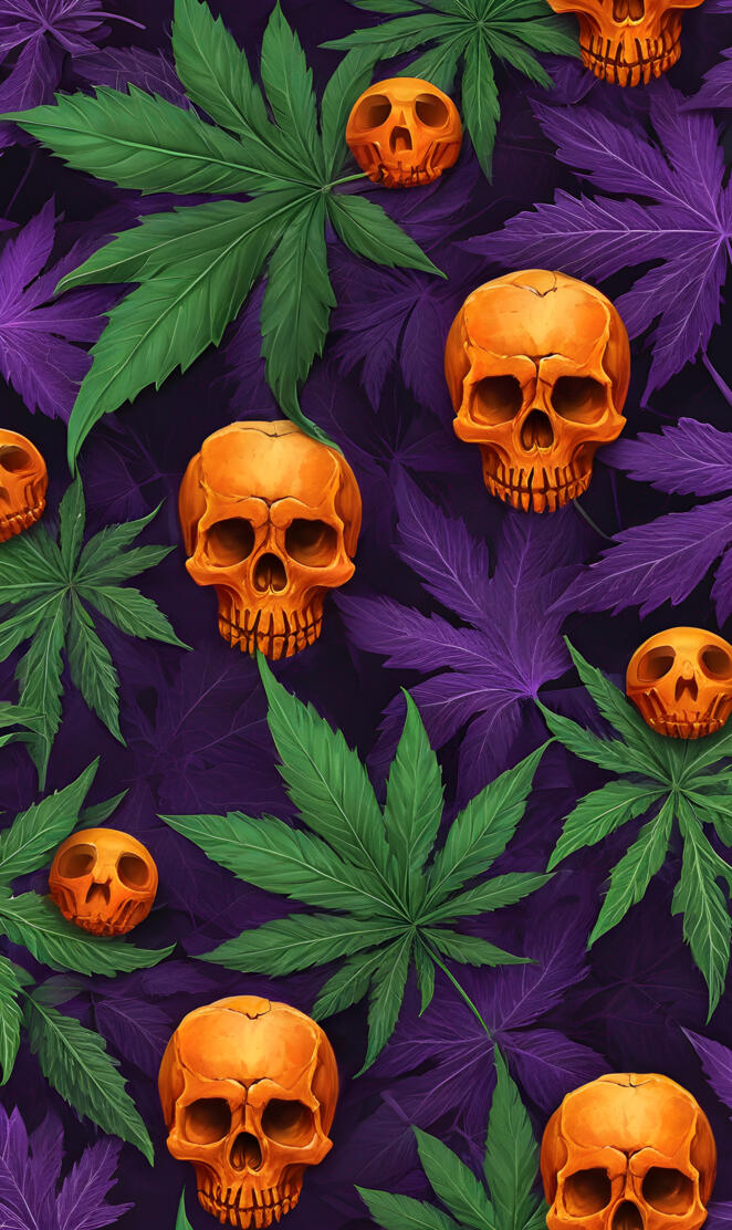 Halloween, orange skulls, pot leaves