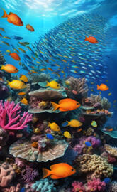 A school of vibrant, iridescent fish swims through a coral reef 🪸