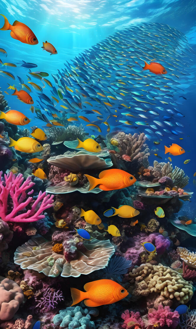 A school of vibrant, iridescent fish swims through a coral reef 🪸