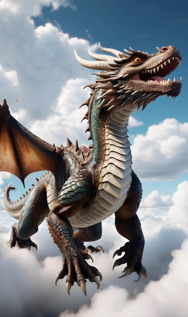 the image of a dragon with white and brown scales flying to the ground