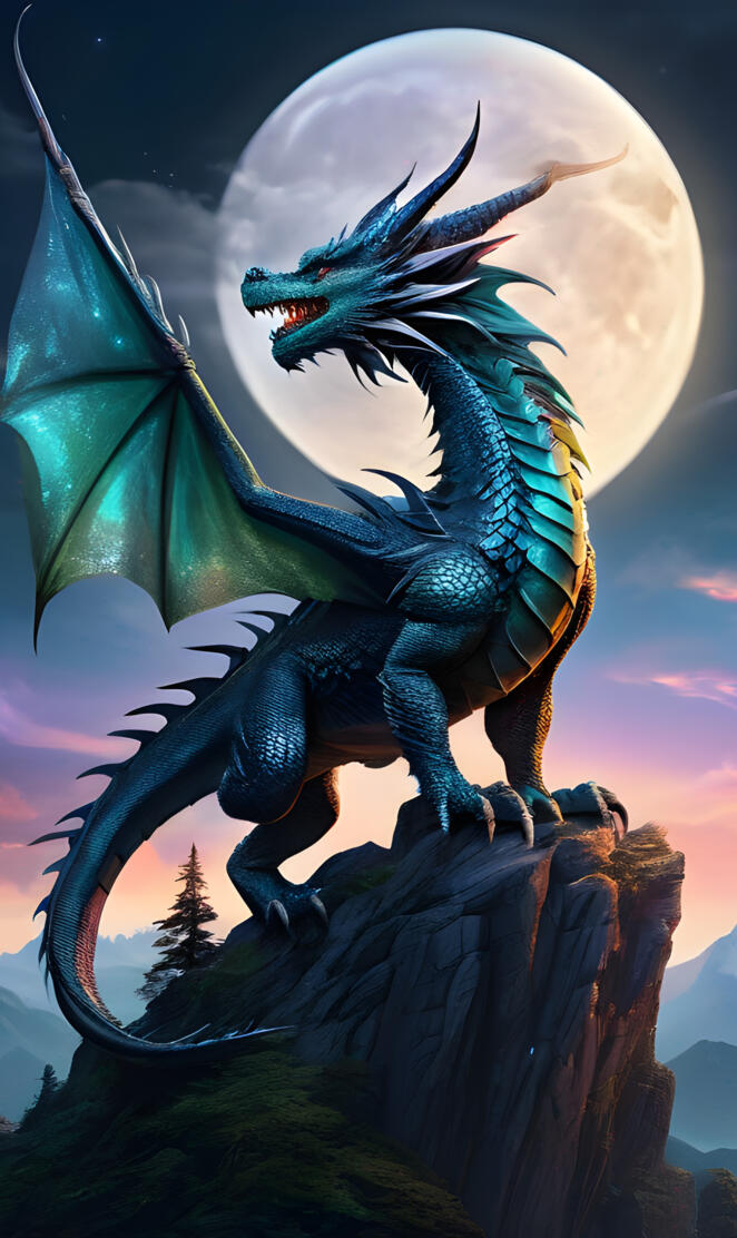a dragon with a moon in the background