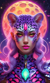 Daniela Braga with purple hair and a pink and blue headdress