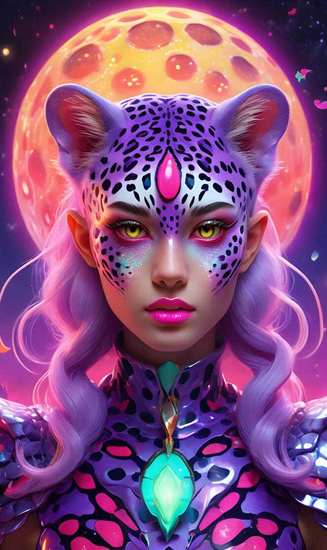 Daniela Braga with purple hair and a pink and blue headdress