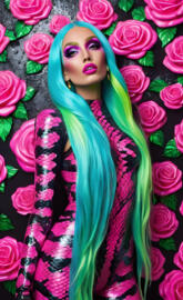 a person with blue hair and a wig in a bouquet of pink roses