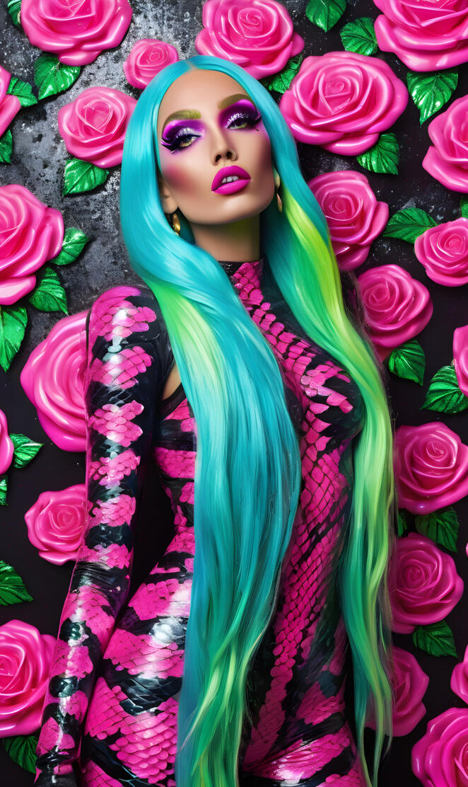 a person with blue hair and a wig in a bouquet of pink roses