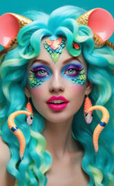 a woman with colorful makeup and a wig