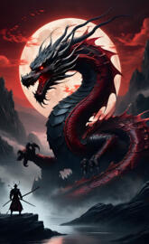 a person standing in front of a red monster with a sword