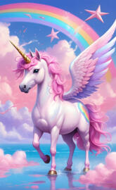 a pink unicorn on the clouds