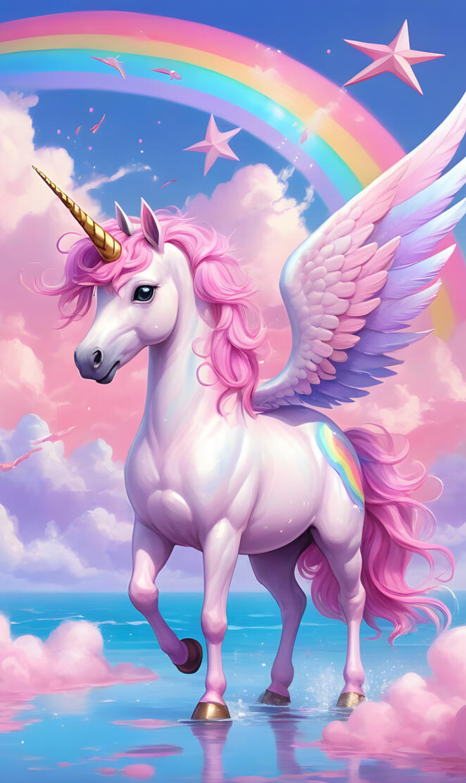 a pink unicorn on the clouds