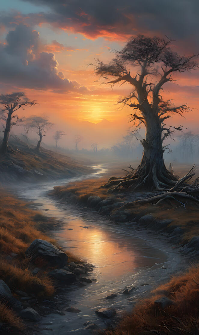 a river with a tree and a sunset