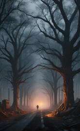 a person walking down a street lined with trees and a sunset