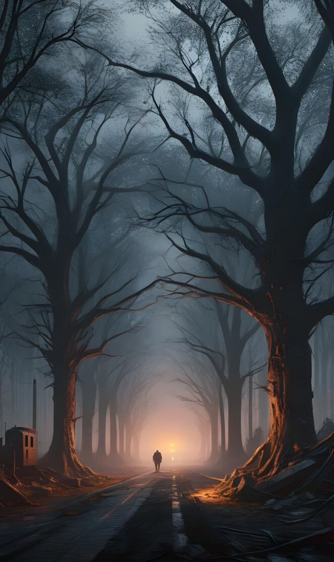 a person walking down a street lined with trees and a sunset