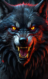 a black wolf with orange eyes