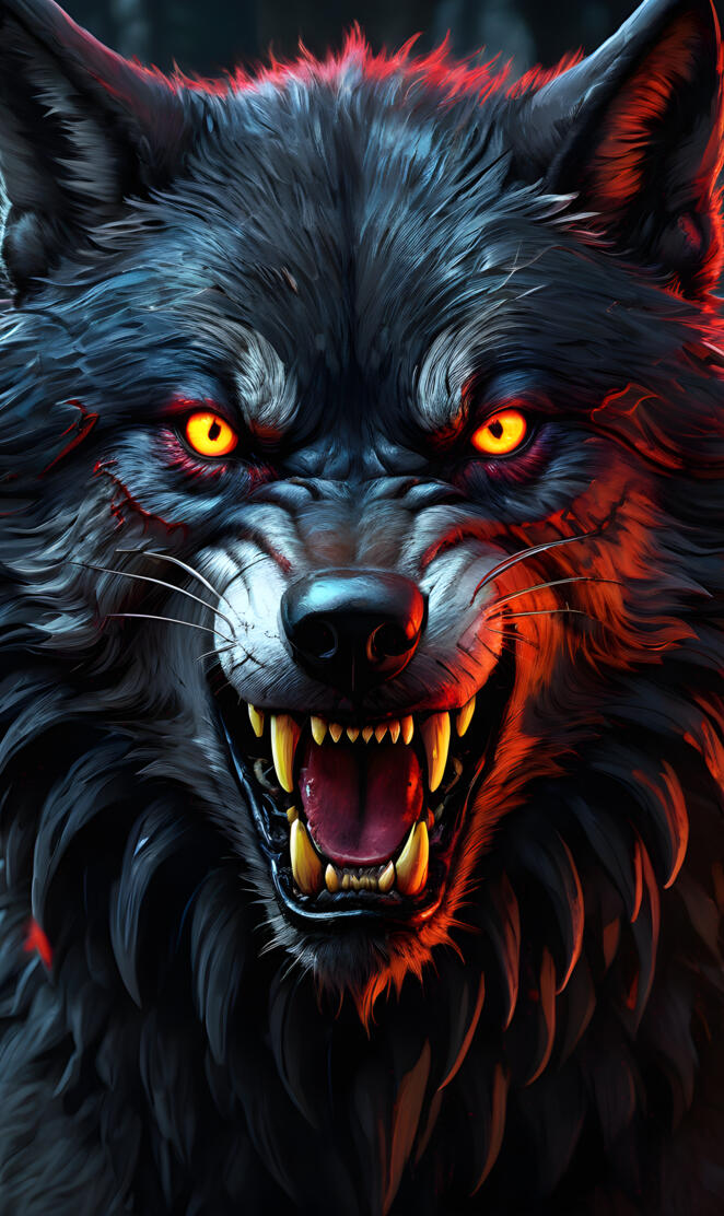 a black wolf with orange eyes