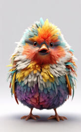 3D Art, Fluffy multi-color fat animated bird. Ultra detailed, sharp fo