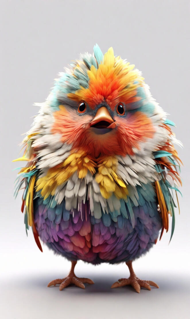 3D Art, Fluffy multi-color fat animated bird. Ultra detailed, sharp fo