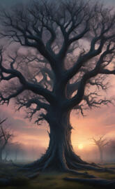 a tree with a sunset in the background