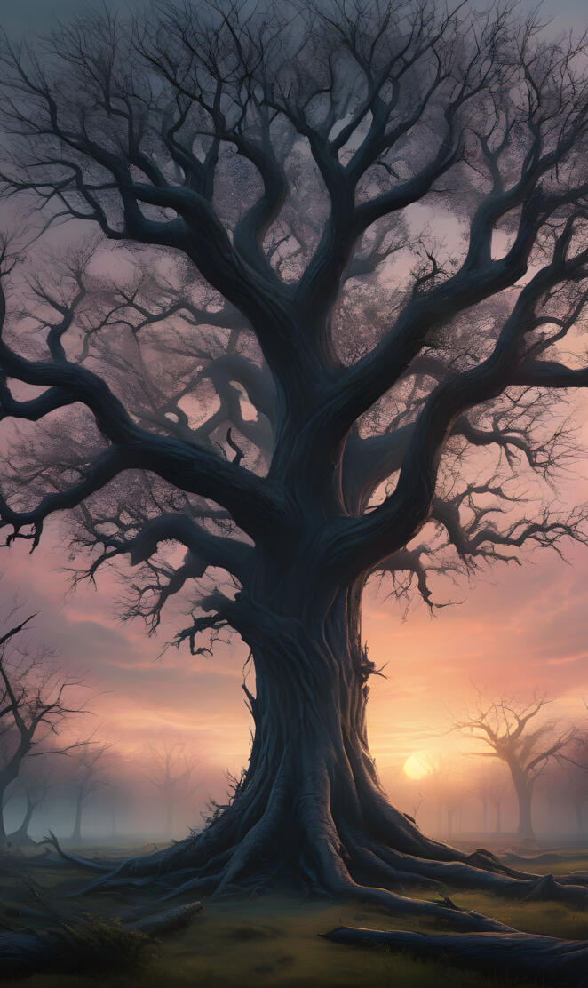 a tree with a sunset in the background