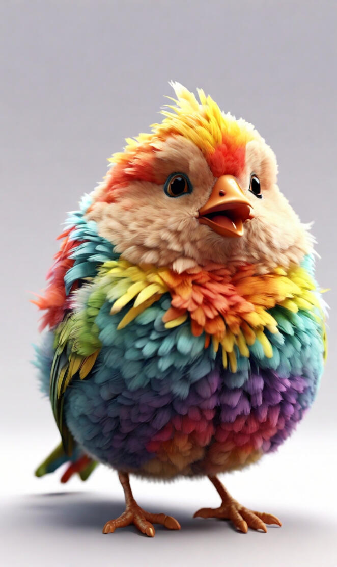 3D Art, Fluffy cute multi-color fat animated bird. Ultra detailed, sha