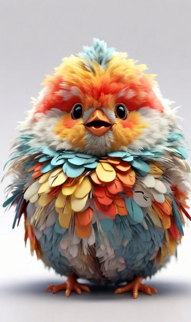3D Art, Fluffy cute multi-color fat animated bird. Ultra detailed, sha