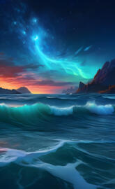 a body of water with a bright light in the sky above it