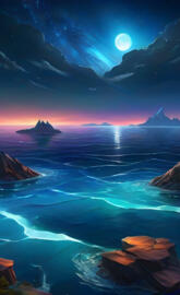 a body of water with a rocky shore and a moon in the sky