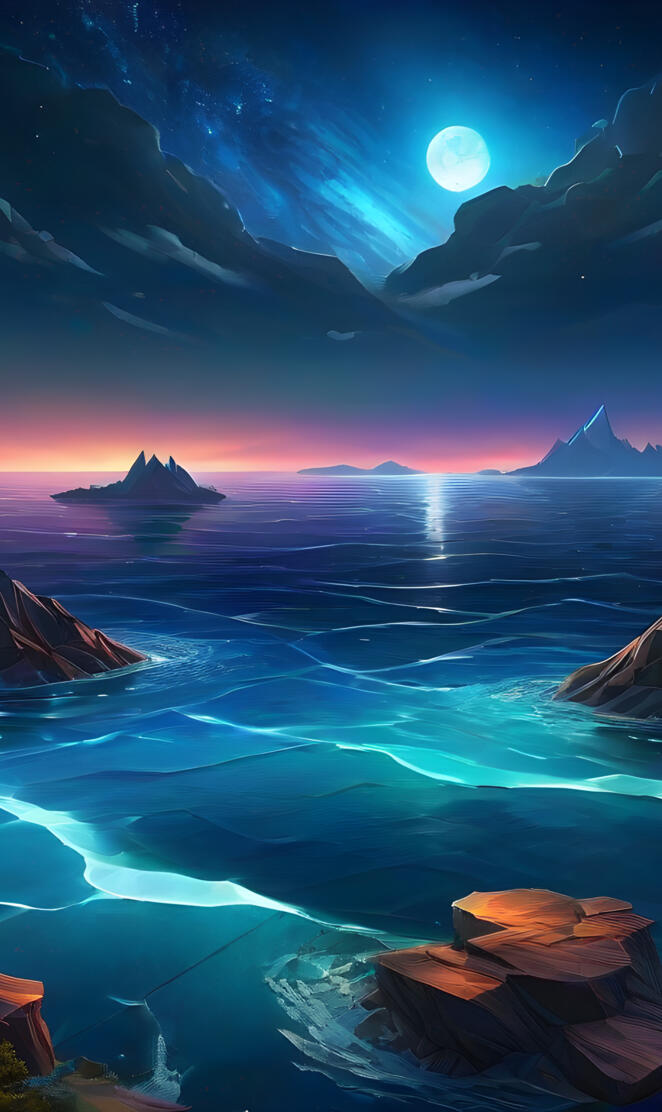 a body of water with a rocky shore and a moon in the sky