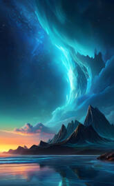 a body of water with mountains and a bright light in the sky