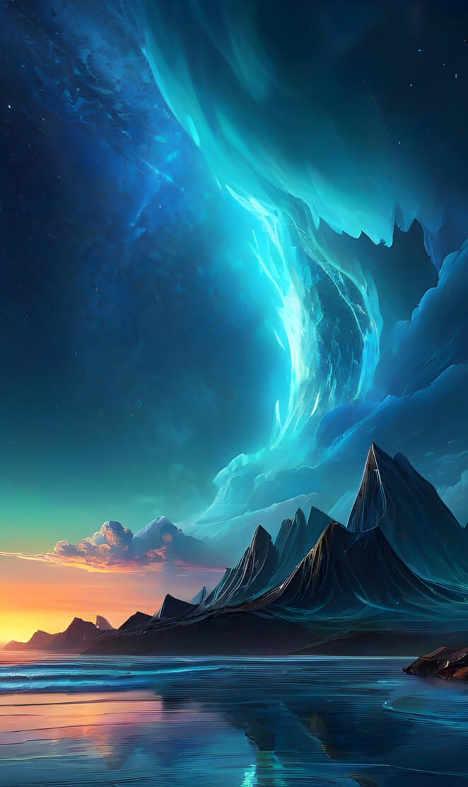 a body of water with mountains and a bright light in the sky