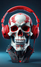 a bright white skull as a dj with red stylish headphones
