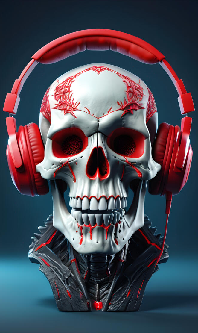 a bright white skull as a dj with red stylish headphones