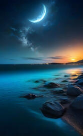 a body of water with rocks and a moon in the sky