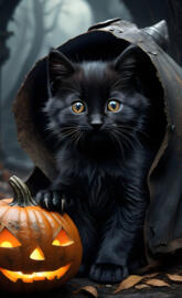 a cat sitting next to a pumpkin