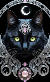 green eyes black cat with pink opals