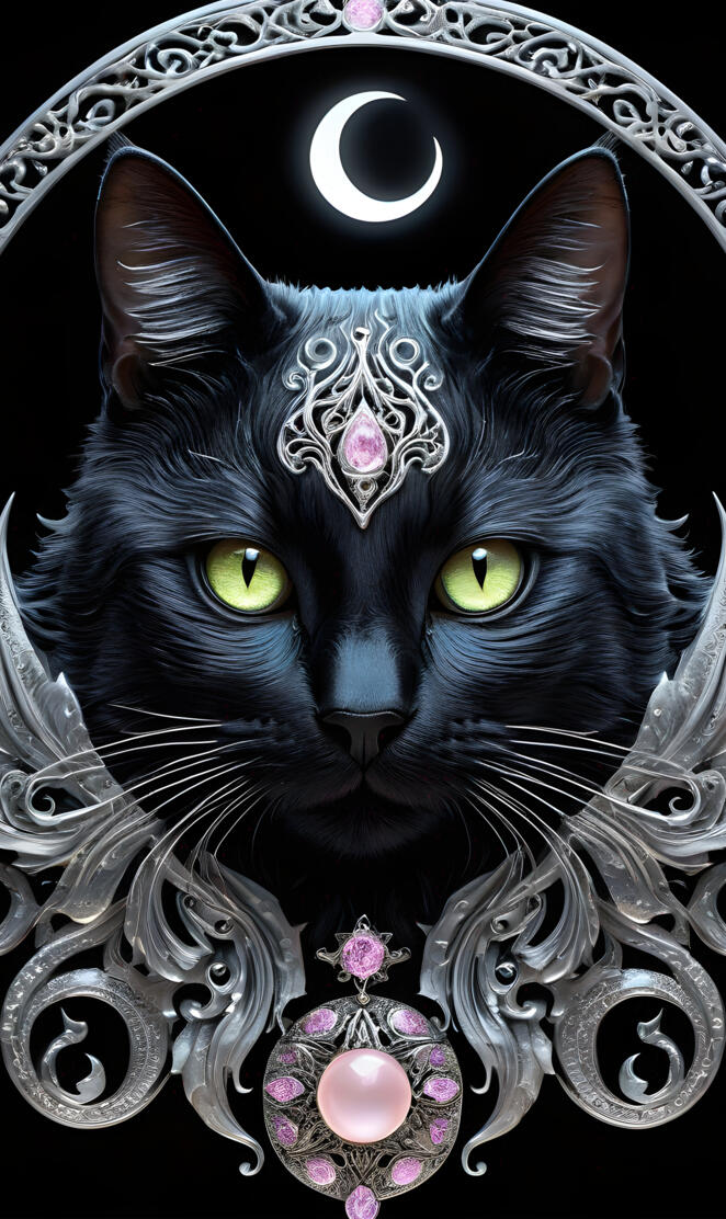 green eyes black cat with pink opals