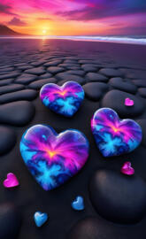 fantastic hearts on black sand