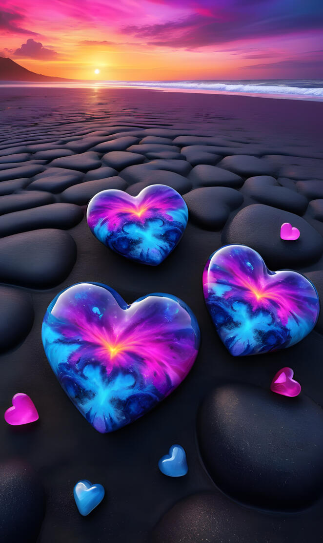 fantastic hearts on black sand