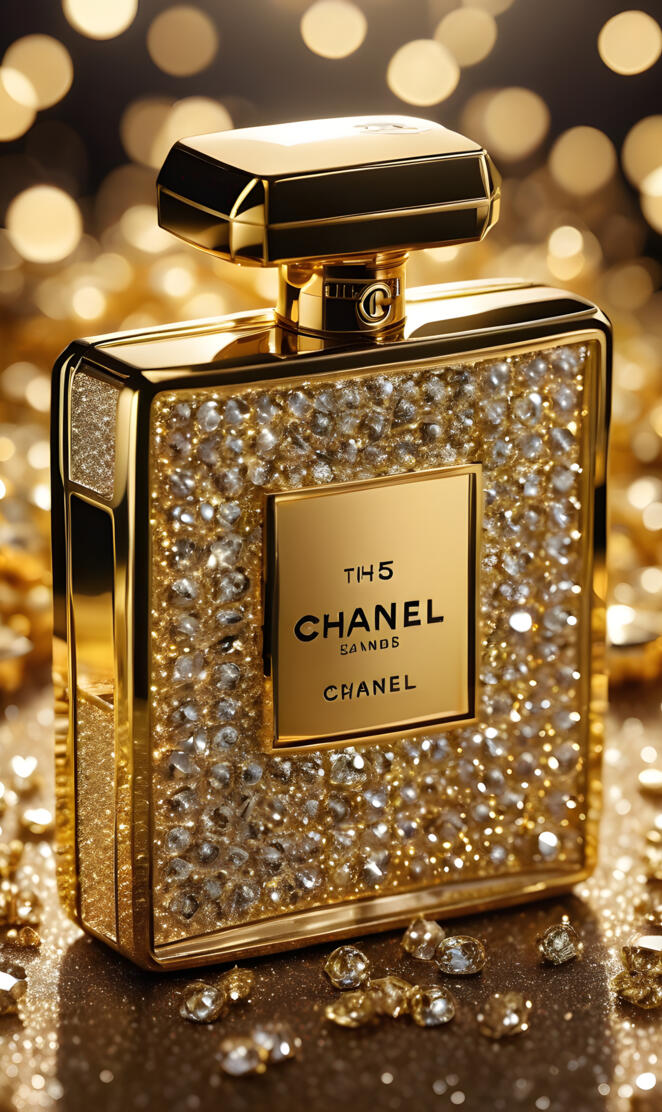 Chanel #5 signature perfume in gold bottle with diamonds set in cap