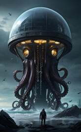 a person standing in front of a large monster with a person standing