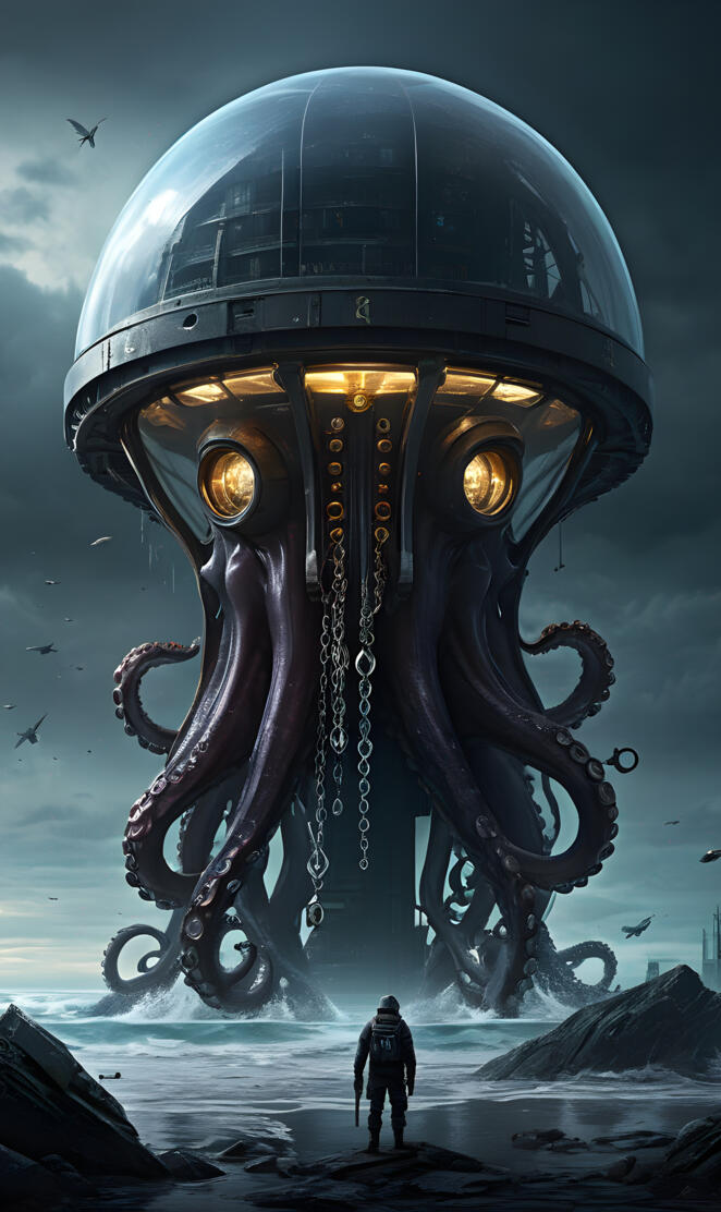 a person standing in front of a large monster with a person standing