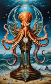 a clock on a blue and gold sculpture