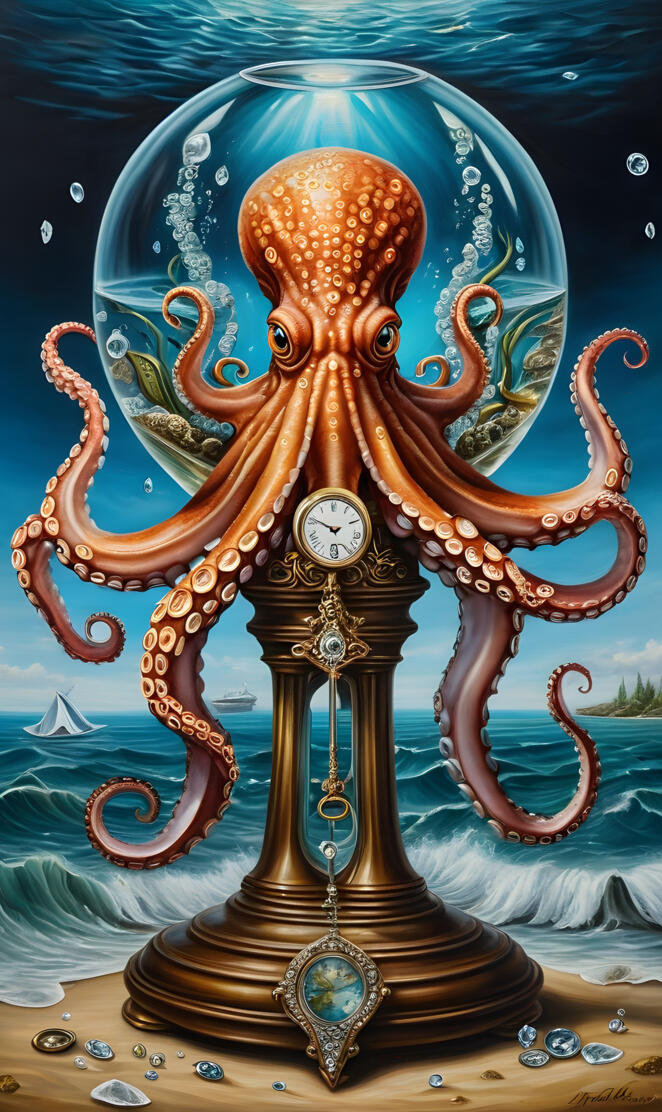 a clock on a blue and gold sculpture