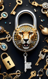 a wall with a lion head and gold bars