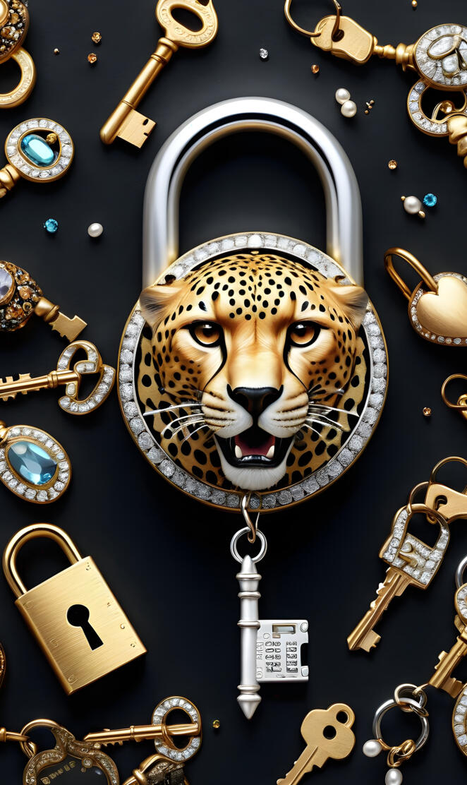 a wall with a lion head and gold bars