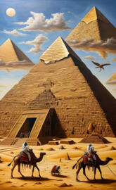 a person riding a horse in front of a pyramid