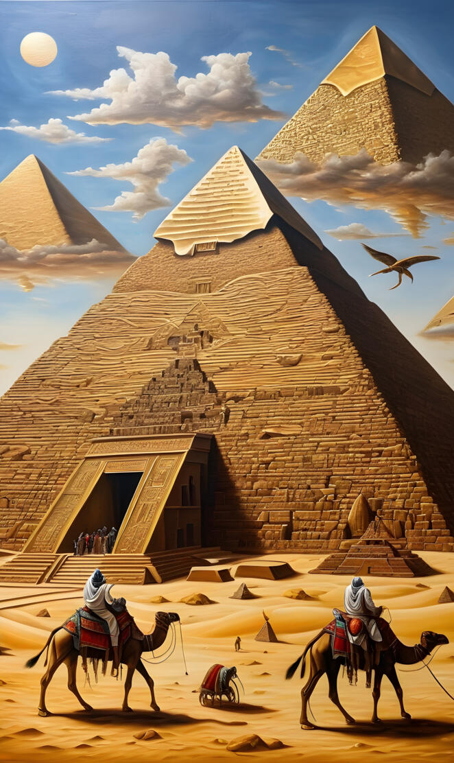 a person riding a horse in front of a pyramid