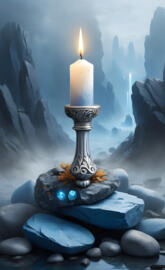 a candle surrounded by rocks