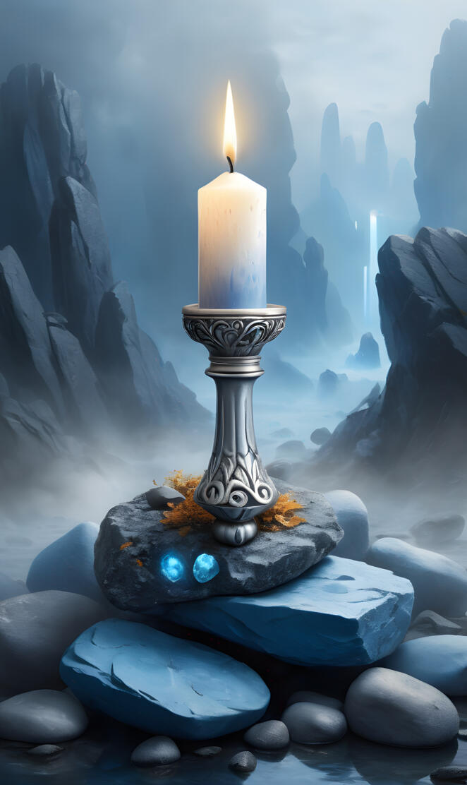 a candle surrounded by rocks
