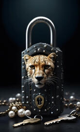 a black and white cat in a metal mug with a black background